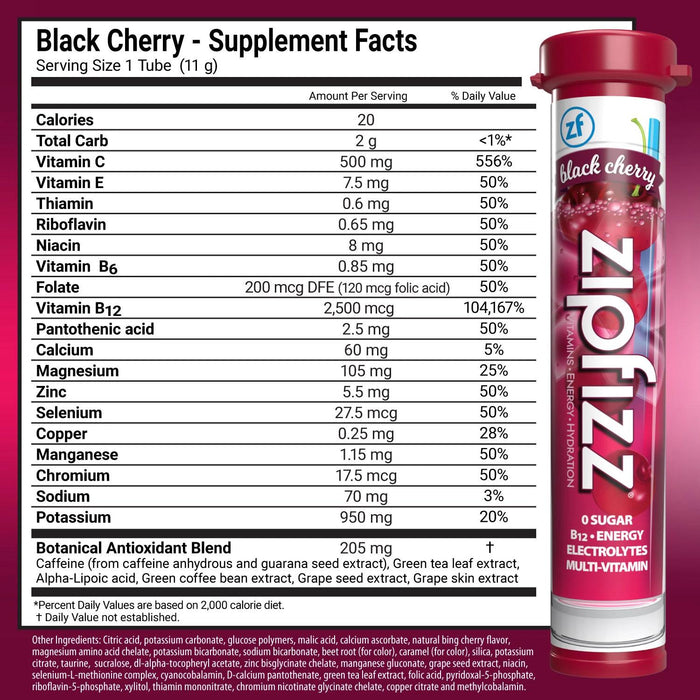Zipfizz Energy Multi-Vitamin Hydration Drink Mix, Black Cherry, 20 ct.