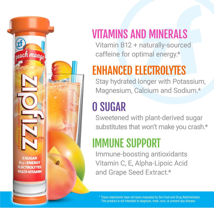 Zipfizz Energy Multi-Vitamin Hydration Drink Mix, Peach Mango, 20 ct.