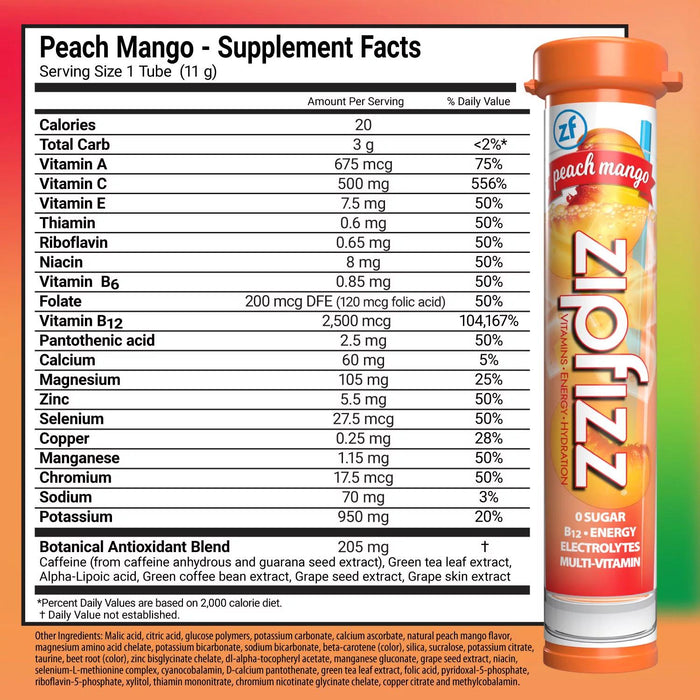 Zipfizz Energy Multi-Vitamin Hydration Drink Mix, Peach Mango, 20 ct.