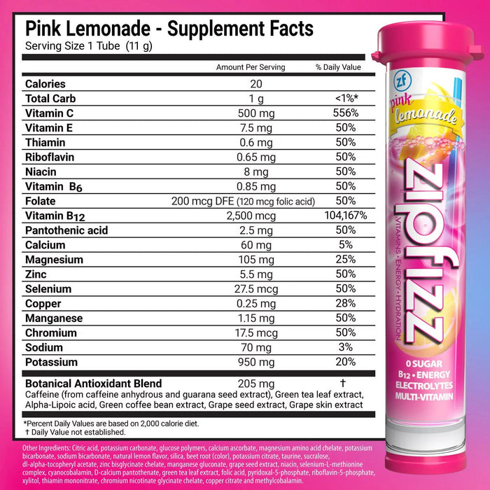 Zipfizz Energy Multi-Vitamin Hydration Drink Mix, Pink Lemonade, 20 ct.