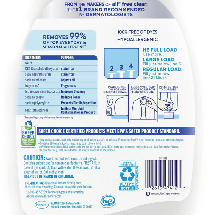 all Sensitive Fresh Liquid Laundry Detergent, Spring Breeze, 166 loads, 250 oz.