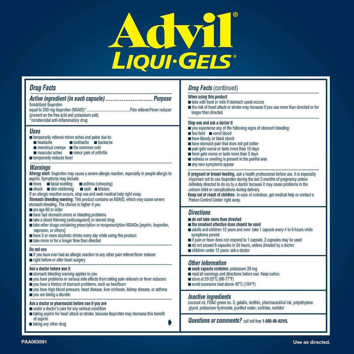 Advil Liqui-Gels Ibuprofen 200 mg., Pain Reliever/Fever Reducer 240 Capsules