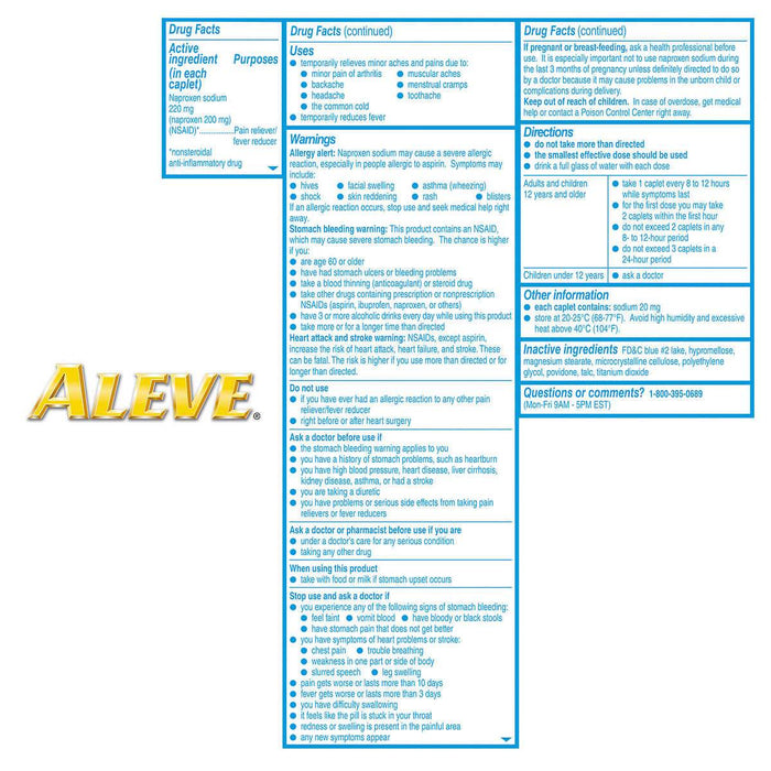 Aleve Naproxen Sodium 220 mg. Pain Reliever/Fever Reducer, 320 Caplets