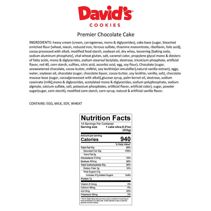 David s Cookies Premier Chocolate Cake, 7.2 lbs