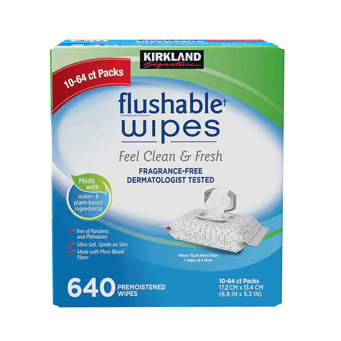 Kirkland Signature Premoistened Flushable Wipes, Fragrance Free, 640-count