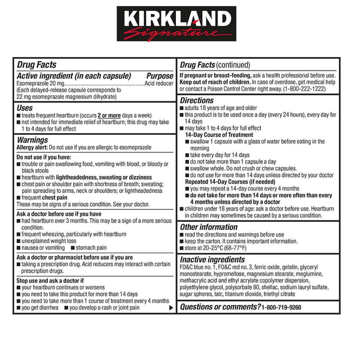 Kirkland Signature Esomeprazole 20 mg., 42 Capsules - Home Deliveries