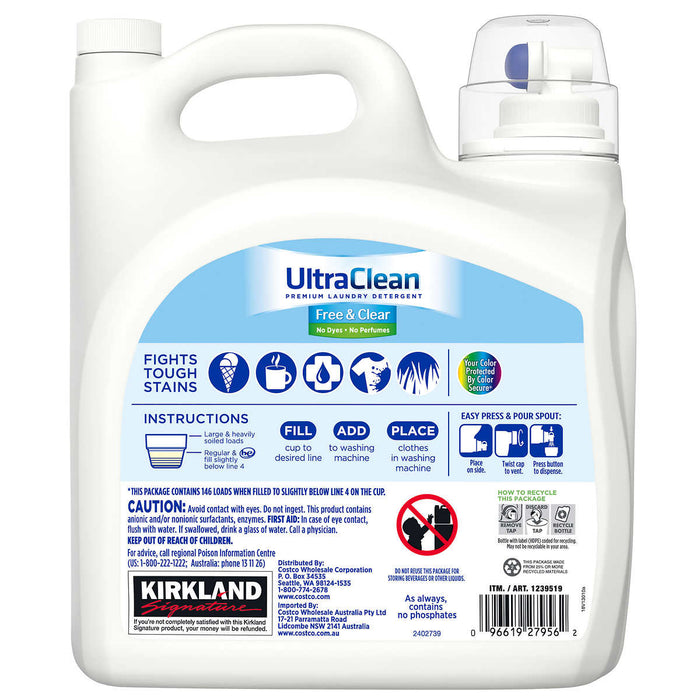 Kirkland Signature Ultra Clean Free and Clear HE Liquid Laundry Detergent, 146 loads, 194 fl oz
