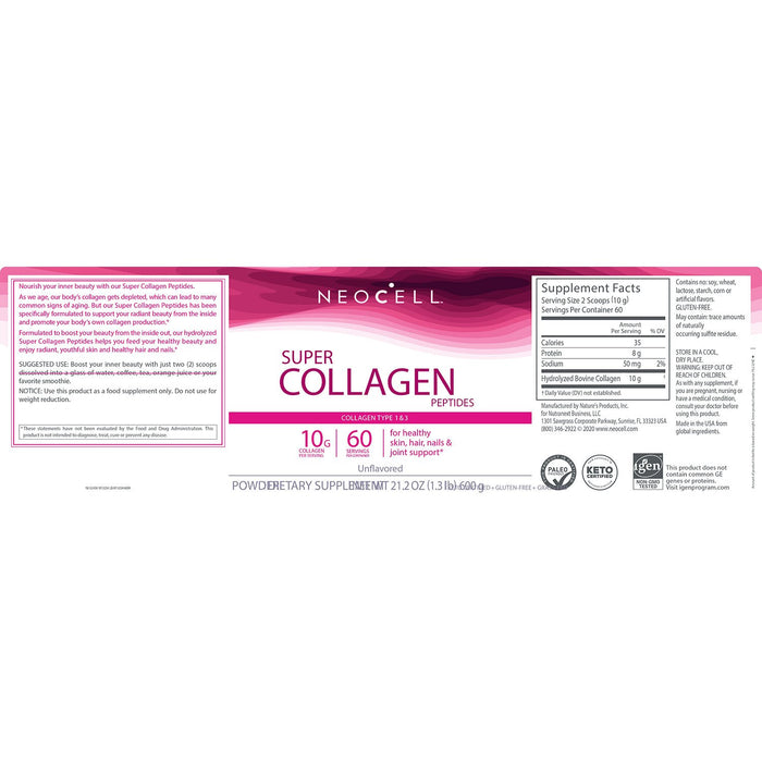 NeoCell Super Collagen Peptides, Unflavored Powder, Collagen Type 1 and 3 (600 g)