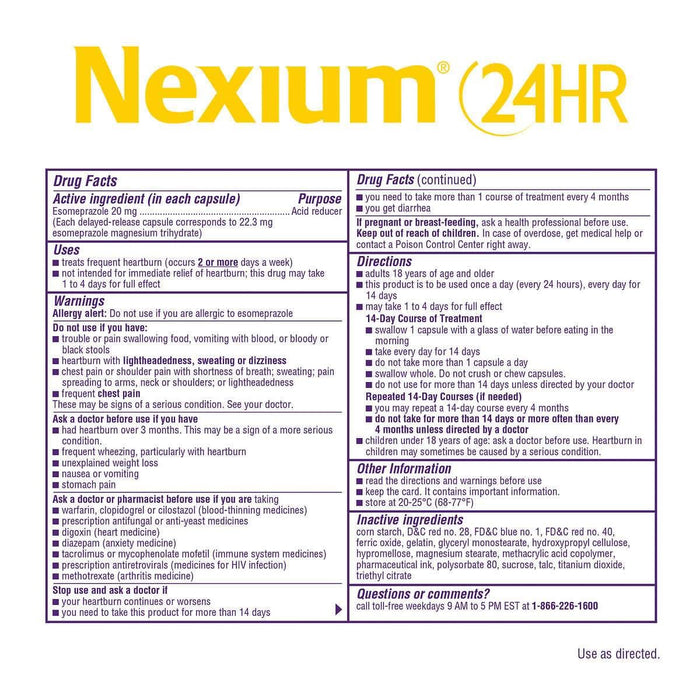Nexium 24HR Acid Reducer 20mg., 42 Capsules - Home Deliveries