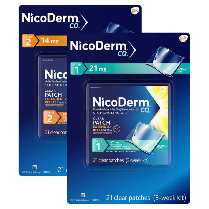 NicoDerm CQ Quit Smoking Aid Patch, 21mg. or 14mg., 21 Clear Patches - Home Deliveries