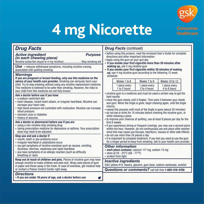 Nicorette Quit Smoking Aid 2mg. or 4mg., Original Flavor Gum 200 Pieces - Home Deliveries