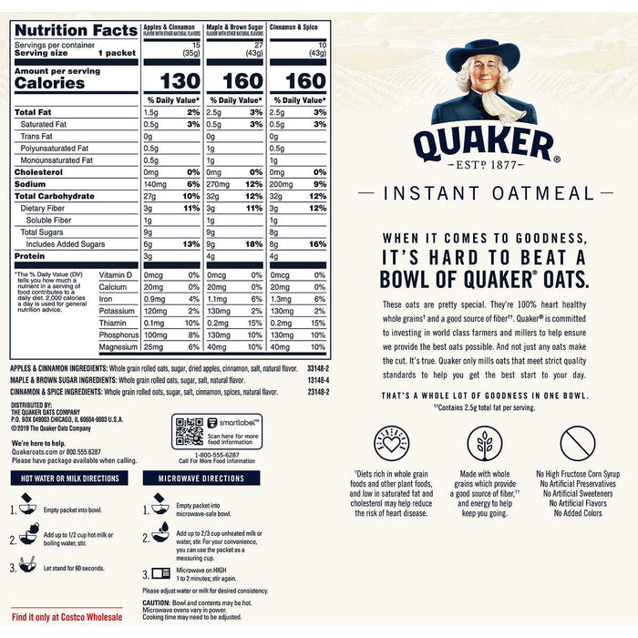 Quaker Oats Instant Oatmeal, Variety Pack, 52-count ) | Home Deliveries