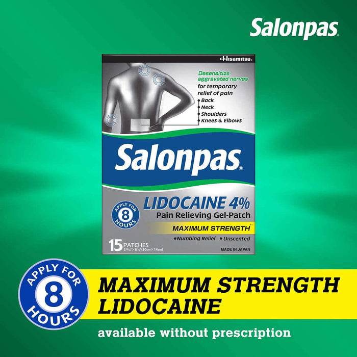 Salonpas LIDOCAINE 4% Pain Relieving Gel-Patch, 15 Patches - Home Deliveries