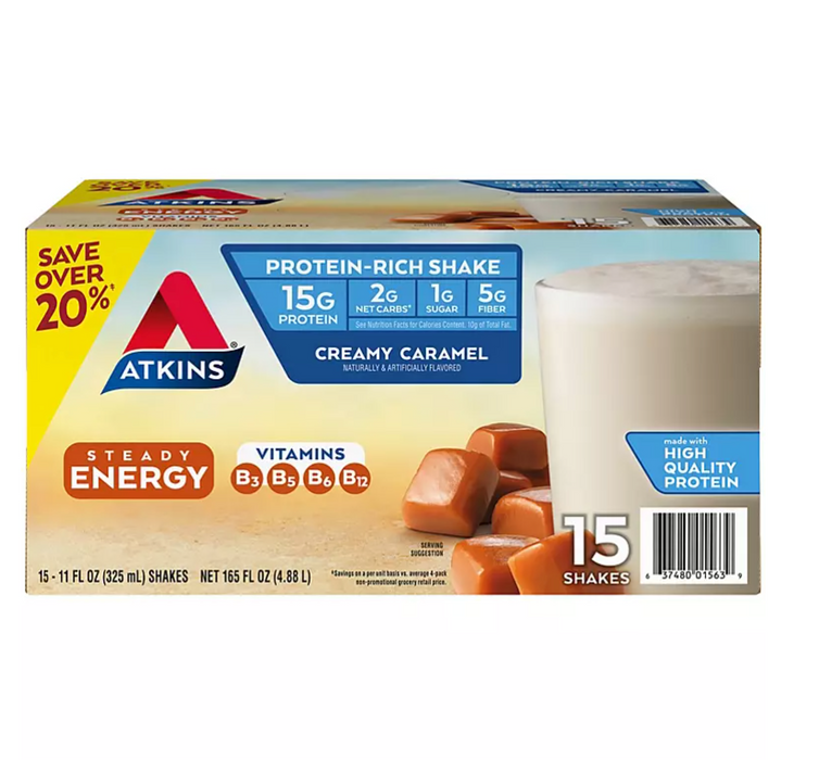 Atkins 15g Energy Protein Shake, Creamy Caramel 11 fl. oz., 15 pk.