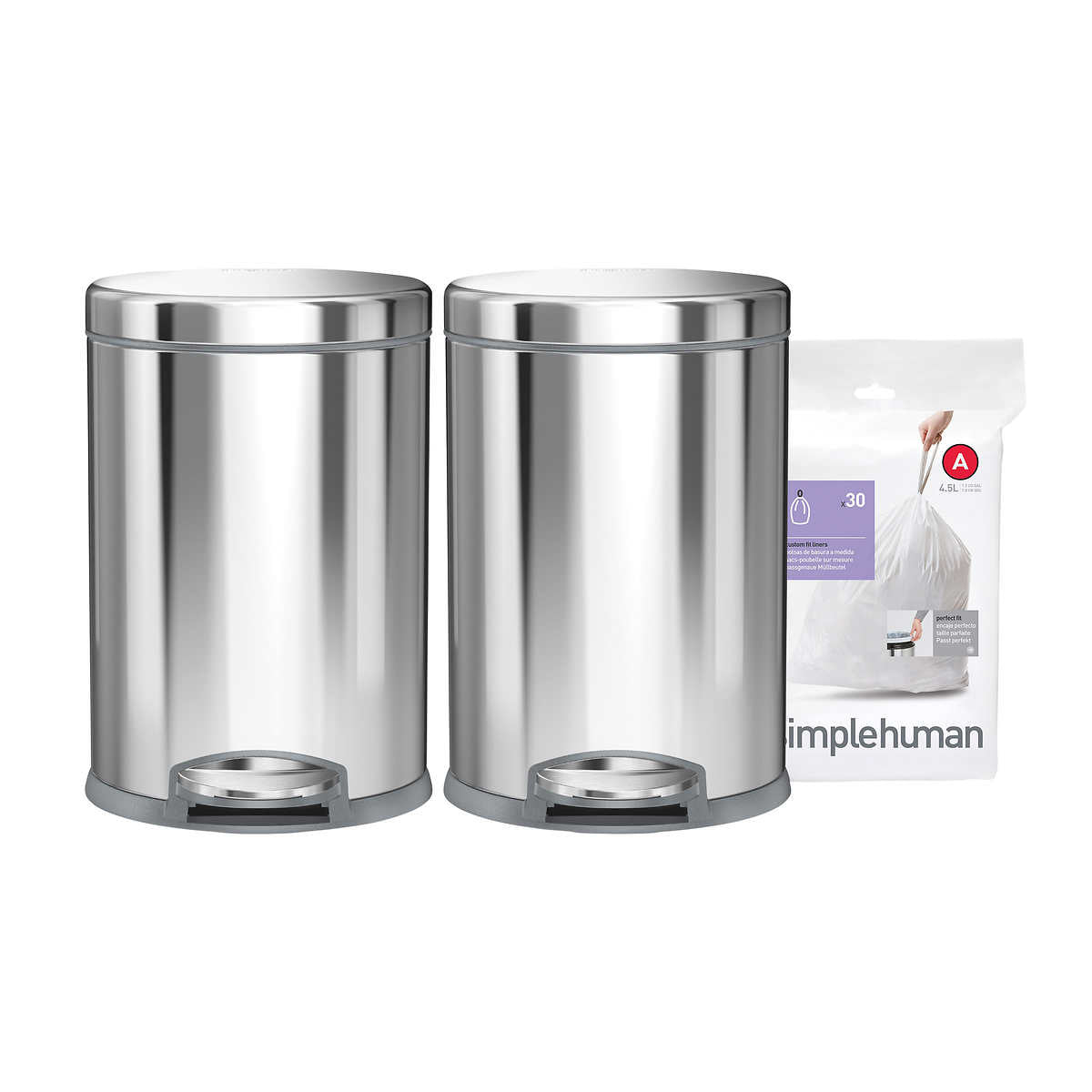Simplehuman 4.5L Round Step Can, 2-pack and Code A Liners, 30-pack