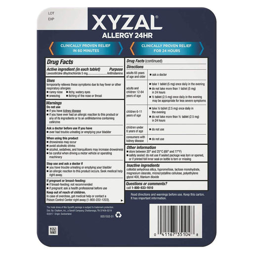 Xyzal Allergy 24 Hour Antihistamine 5 mg., 110 Tablets - Home Deliveries